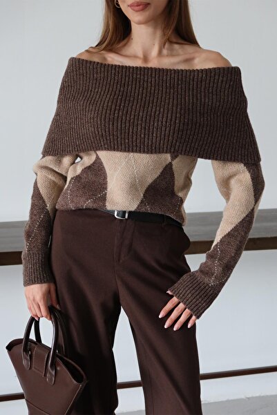 Olcay Weicher Strickpullover mit Rundhalsausschnitt und Rautenmuster BRAUN 8282