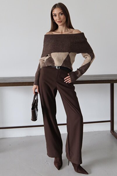 Olcay Weicher Strickpullover mit Rundhalsausschnitt und Rautenmuster BRAUN 8282