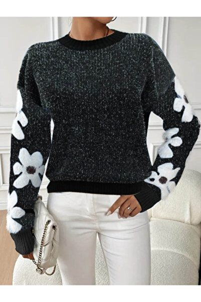 babatr.com Women's Long Sleeve Crew Neck Floral Patterned Knitwear Blouse