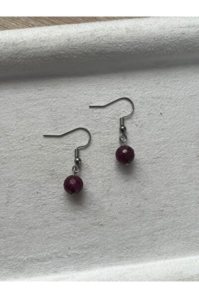 Pel Design 8mm Ruby Stone Silver Color Steel Earrings Handmade