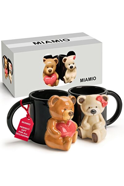 MIAMIO Set of 2 Couple Mugs in Love, Personalized with 3D Teddy Bears, Coffee/Tea, Ceramic, Black, 350 ml