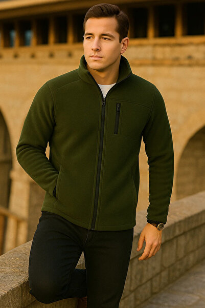 comstar Men's Winter Zippered Trendy Pocketed Khaki Fleece Jacket