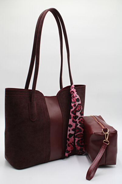 LASSO Women's Burgundy Oversized Suede Leather Hand, Arm and Shoulder Bag with Scarf Detail