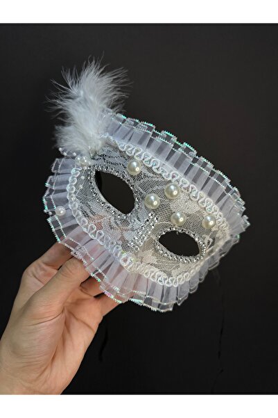 Hayalperest boncuk White Pearl and Tulle Detailed Feathered Lace Women's Prom Mask Party Costume Accessory