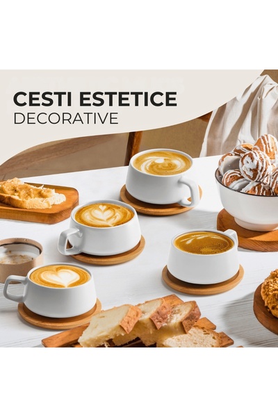 MIAMIO Set de 4 cești de cappuccino cu farfurie din bambus, colecția Luxe, ceramică, alb, 320 ml