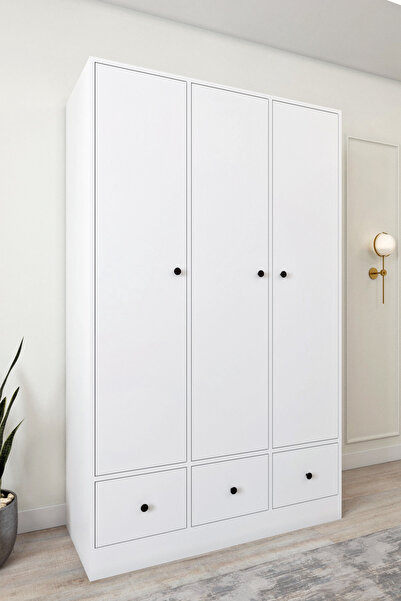 Ases Mobilya Ases Ela848 Modern 3 Kapaklı 3 Çekmeceli Raflı Askılı Gardırop Giysi Dolabı Beyaz
