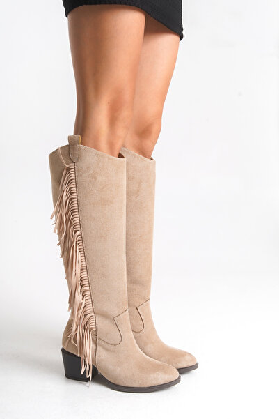 LDR Women's Beige Suede Western Heeled Tasseled Long Boots