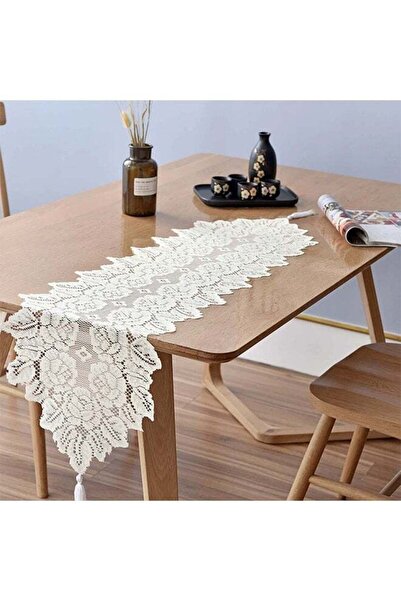 Generic مفرش طاولة من الدانتيل المجوف باللون الأبيض 114 × 33 سم