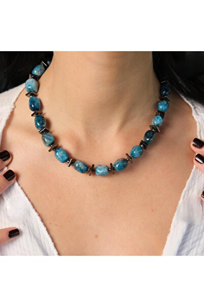 ByNeval Doğal Apatit Taşlı El Yapımı Kolye – Mavi Oval Taşlı Boho Choker | En...