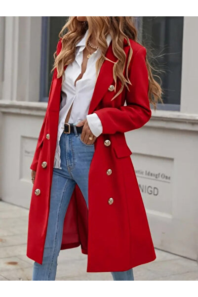 babatr.com Women's Long Sleeve Lapel Front Button Midi Stamp Coat