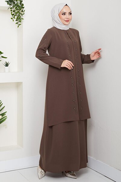 hafsamina Plus Size Beaded Stones Mother Dress Brown Hm2693