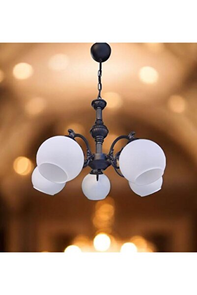 DEDE ÇİCEK KOL BEŞ KOLLU ZAMAK METAL AVİZE SİYAH STATİK BOYALI MAT BEYAZ CAMLI