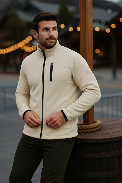 comstar Men's Zippered Thick Winter Trendy Cream Fleece Jacket
