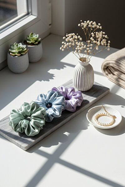 Salvia Dione 3-Piece Women's Satin Hair Scrunchie Set - Luxurious Silk-Look Tie Scrunchie Bun Night Hair Tie Set