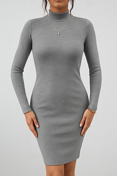 LACHT Women's Gray Mock Neck Corded Fabric Stretch Fabric Knitted Dress