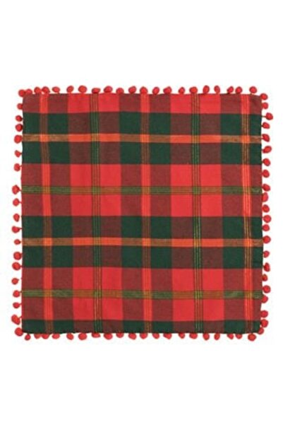 Silver Star Red Christmas Decorative Cushion Cover with Plaid, Gold Lurex and Pompon 45 x 45 cm