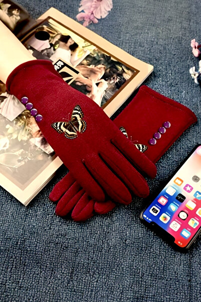 Pinty Design Butterfly Embroidered Reading Soft Button Detailed Women's Gloves