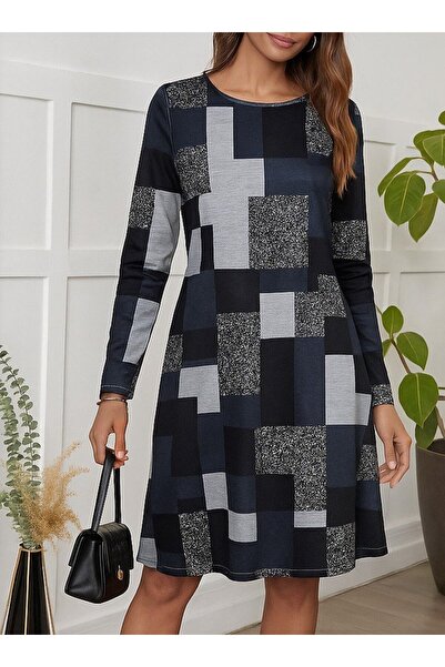 ALPACO    Women's Long Sleeve Round Neck Geometric Single Jersey Dress