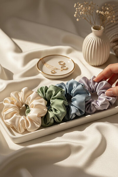 Salvia Dione 4-Piece Women's Satin Hair Scrunchie Set - Luxurious Silk-Look Tie Scrunchie Bun Night Hair Tie Set