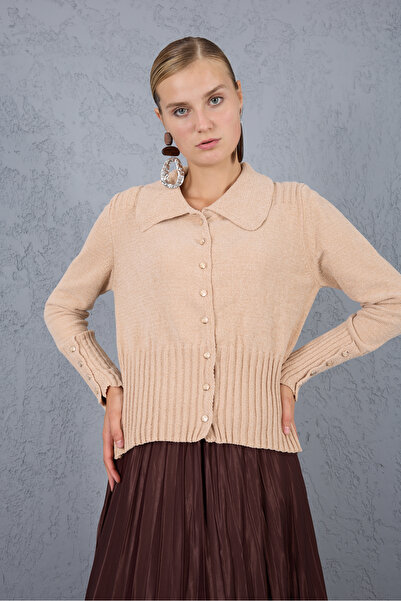Moda Days Women's Light Beige Shirt Collar Wide Buttoned Cuffed Chenille Velvet Knitwear Cardigan