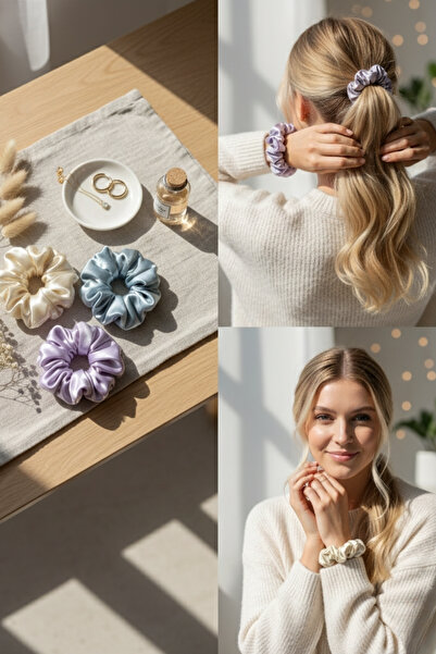 Salvia Dione 3-Piece Women's Satin Hair Scrunchie Set - Luxurious Silk-Look Tie Scrunchie Bun Night Hair Tie Set