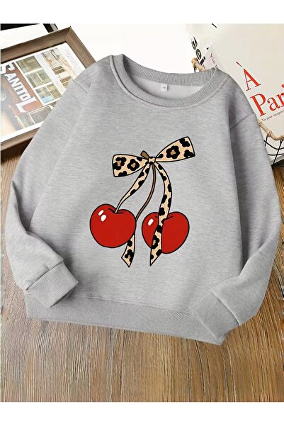 oneagılyazı Kız Çocuk Leopar Desenli & Kiraz Baskılı Yuvarlak Yaka Sweatshirt