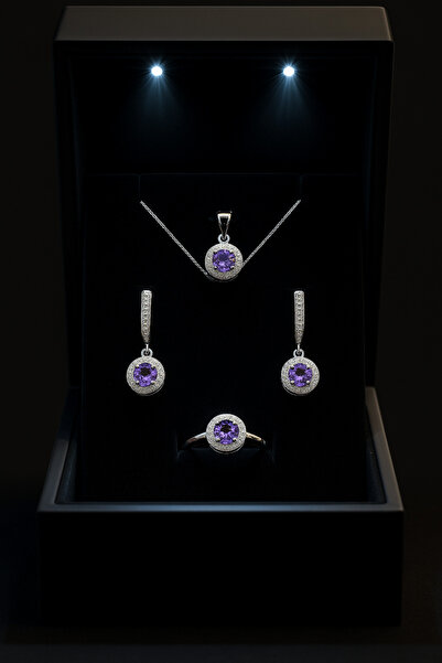 Ametist Taşlı 925 Ayar Gümüş Takı Seti (Kolye, Küpe, Yüzük)