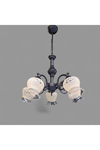 DEDE ÇİCEK KOL BEŞ KOLLU METAL ZAMAK AVİZE SİYAH STATİK BOYALI MAT SOMON CAMLI