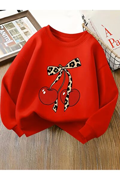 oneagılyazı سويت شيرت بناتي بنقشة الفهد والكرز مطبوع برقبة دائرية