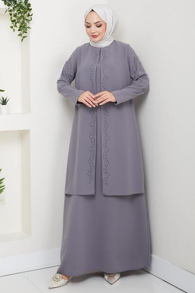 hafsamina Plus Size Beaded Stones Mother Dress Gray Hm2693