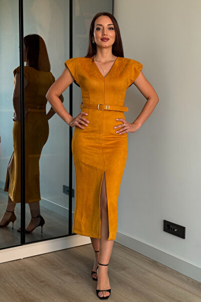 PATEVA Midi Boy Vatkalı Süet Elbise