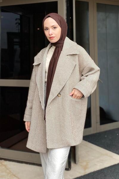 lamelif Παλτό με ζιγκ-ζαγκ σχέδιο ψαροκόκαλο μπεζ