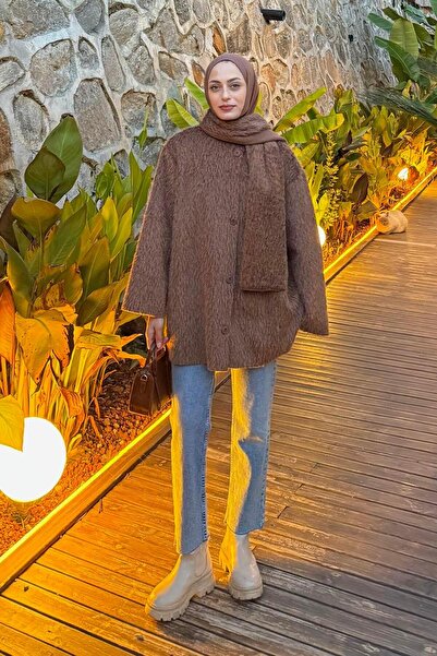 lamelif Μπουφάν με βελούδινο κασκόλ Milky Brown