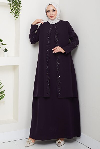hafsamina Büyük Beden Boncuklu Taşlı Anne Elbisesi Mor HM2693