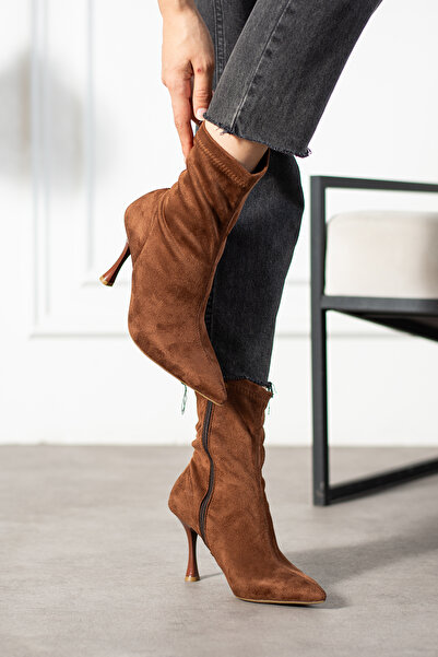 dabab shoes Dámské boty Marya hnědé strečové luxusní semišové boty na zip se špičatou špičkou na tenkém podpatku