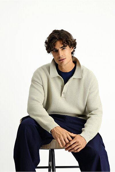 Kiğılı Polo Neck Oversize Extra Comfortable Cut Patterned Knitwear Sweater