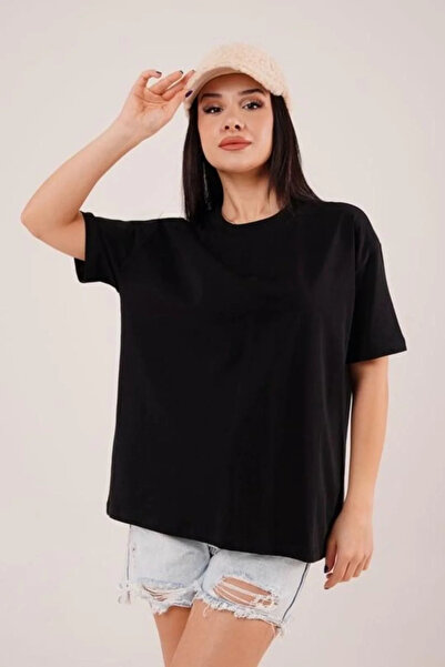 bysoca Tricou negru supradimensionat pentru femei, cu mânecă scurtă, cu gât r...