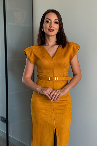 PATEVA Midi Boy Vatkalı Süet Elbise