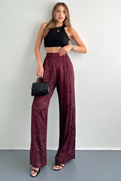Hisleria Leopard Pattern Viscose Fabric Satin Trousers with Elastic Back and Side Zipper Burgundy