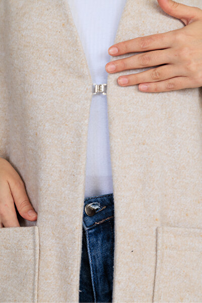 Eliva Women's Beige Cream Woven Imported Cashmere Hijab Cardigan Coat