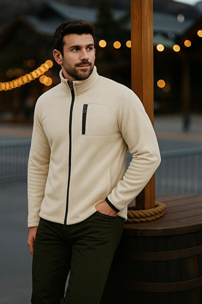 comstar Men's Zippered Thick Winter Trendy Cream Fleece Jacket