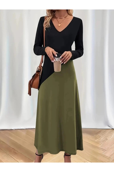 Genel Markalar Kadın Uzun Kollu V Yakalı Blok Desenli Viskon Elbise