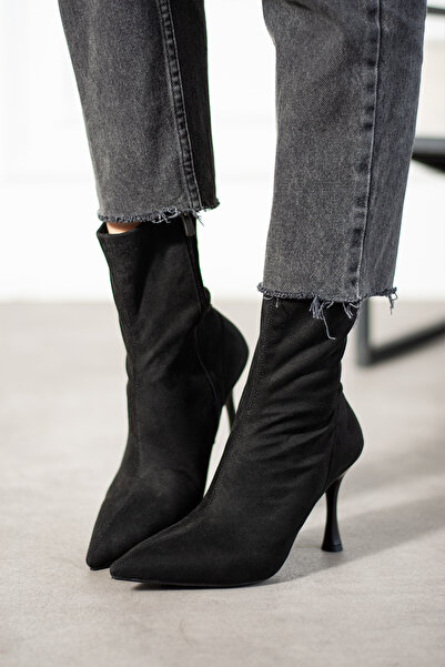 dabab shoes Women's Marya Black Stretch Luxury Suede Side Zipper Pointed Toe Thin Heeled Boots