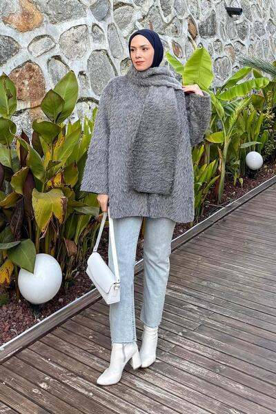 lamelif Μπουφάν με βελούδινο κασκόλ Γκρι