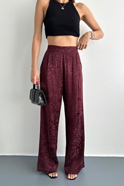 Hisleria Leopard Pattern Viscose Fabric Satin Trousers with Elastic Back and Side Zipper Burgundy