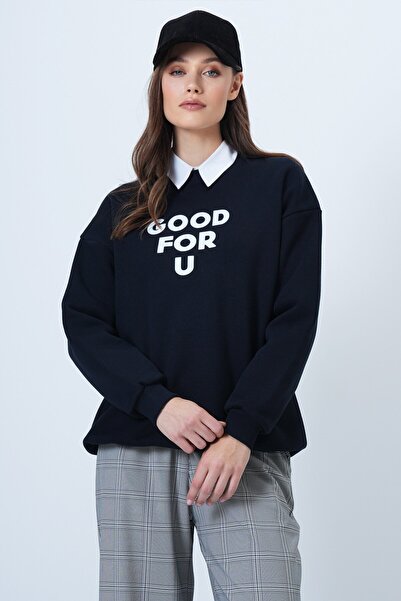 VAGGON Women's Navy Blue Crew Neck 3 Thread O Oversized Sweatshirt Vs01498