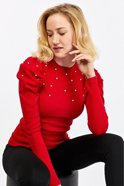 ANATOLIATEKSTILE Women's Blouse with Decorative Pearls – Long Sleeves and Slightly Puffed Shoulders, Elegant Style