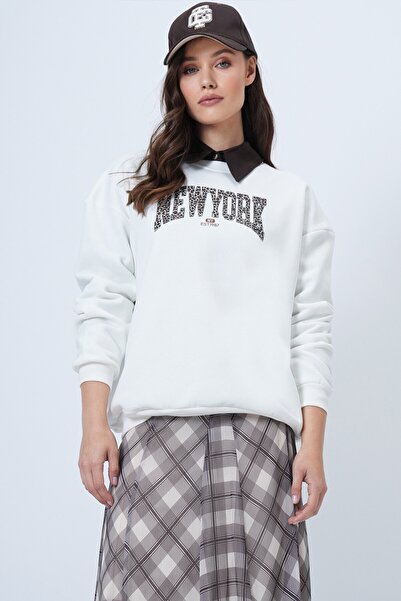 VAGGON Γυναικείο φούτερ εκρού με τύπωμα με λαιμόκοψη με 3 κλωστές Vs01486