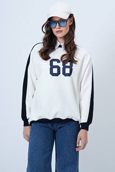 VAGGON Γυναικείο φούτερ Ecru Crew Neck 3 Thread O oversized B με τύπωμα Vs01491