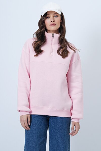 VAGGON Women's Pink Mock Neck Half Zipper piped Sweatshirt Vs01457